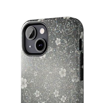 Floral Sparkle Tough Phone Case — Black & Silver Vintage Blossom