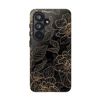 Floral Gold Outline Tough Phone Case – Black Botanical Protective Cover