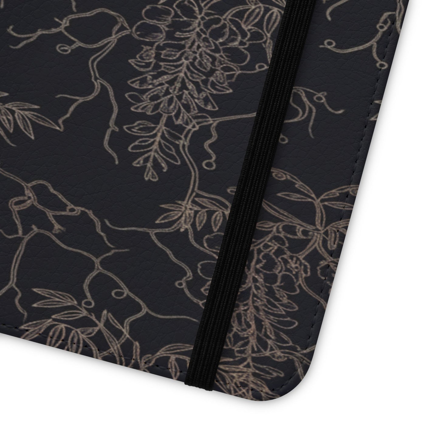 Botanical Noir Flip Phone Case — Dark Floral Wallet Cover with Card Slots