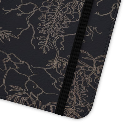 Botanical Noir Flip Phone Case — Dark Floral Wallet Cover with Card Slots