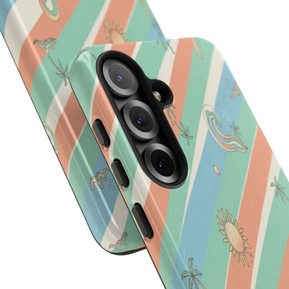 Retro Beach Stripes Phone Case — Sun, Waves & Palm Pattern Tough Case