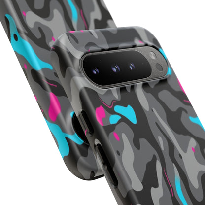Camouflage Phone Case — Gray Camo with Neon Pink & Cyan Accent Tough Protective Cover
