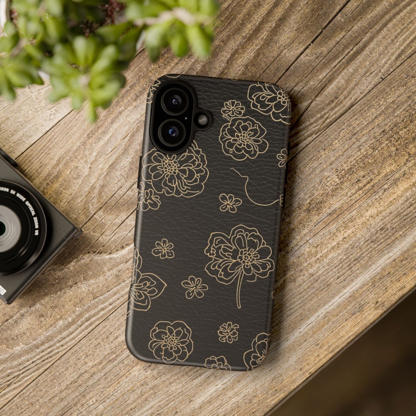 Floral Leather-Texture Tough Case – Black Gold Outline Phone Cover