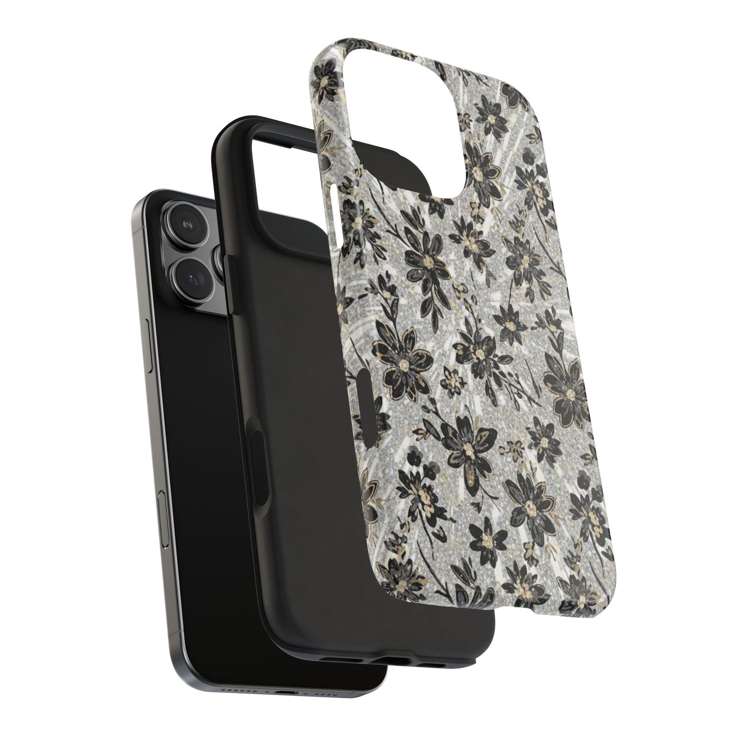 Floral Vintage Tough Phone Case — Black & Gray Rustic Flower Protective Case