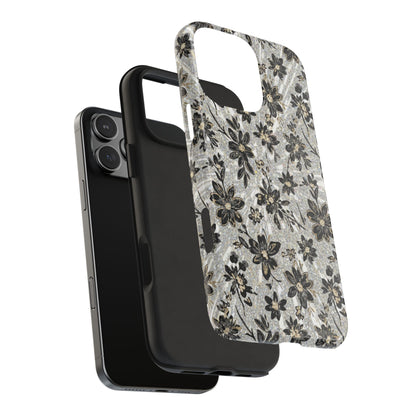 Floral Vintage Tough Phone Case — Black & Gray Rustic Flower Protective Case