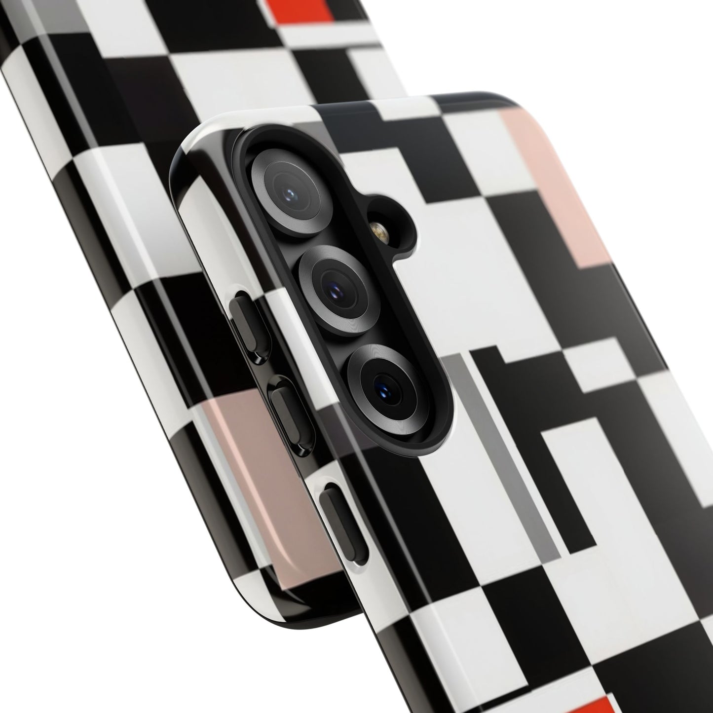Abstract Geometric Phone Case – Black & White Checker Grid with Red Accent