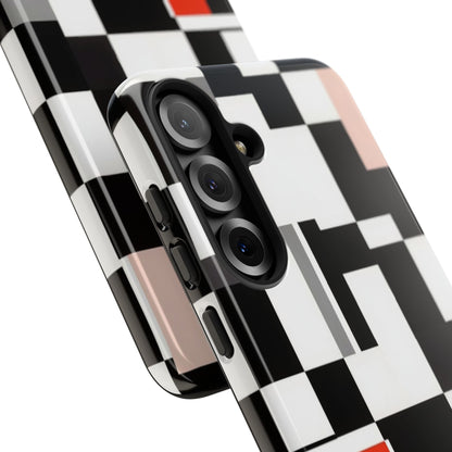 Abstract Geometric Phone Case – Black & White Checker Grid with Red Accent