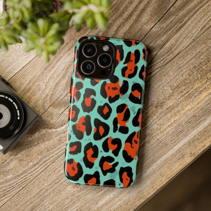 Leopard Print Tough Phone Case — Teal & Rust Protective iPhone Cover