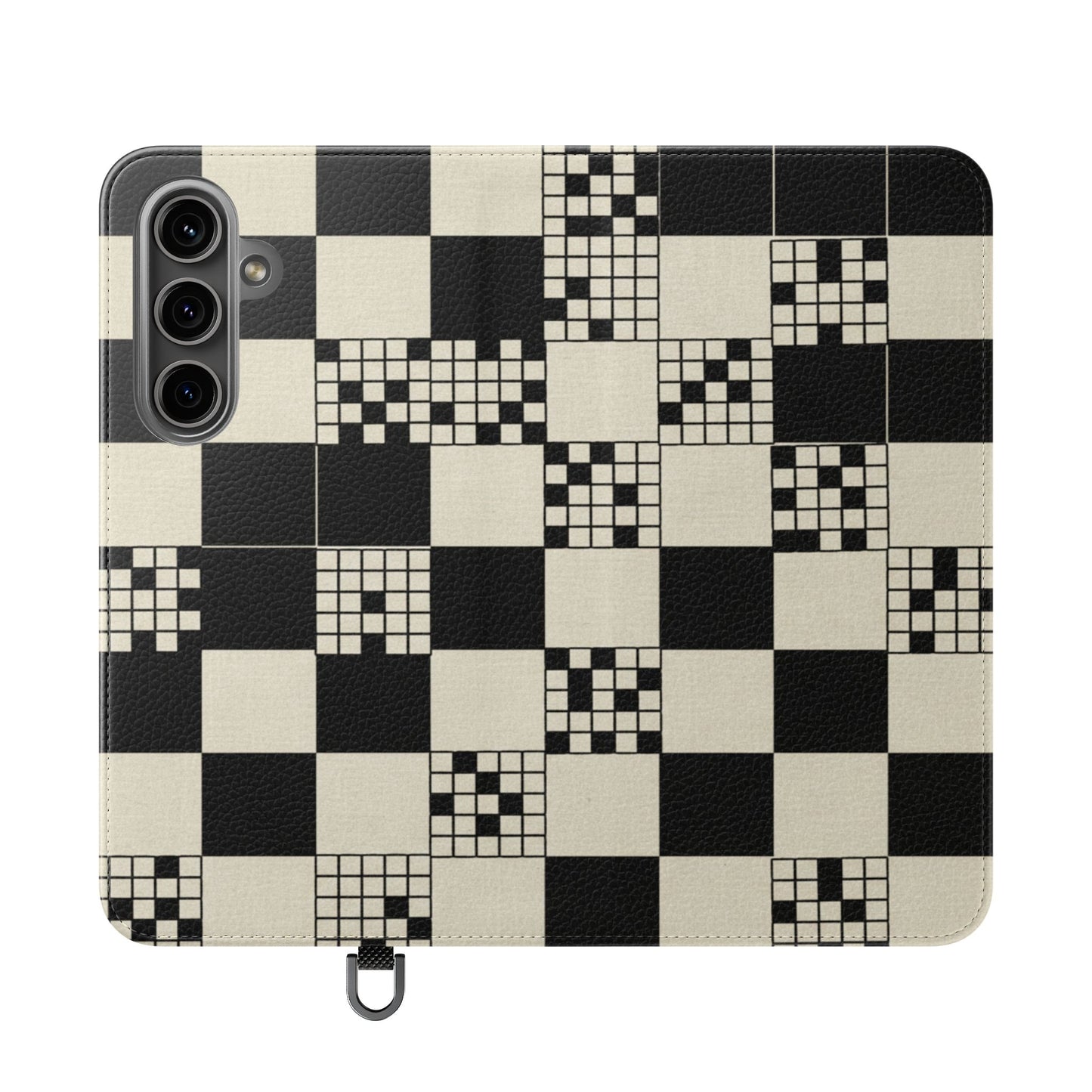 Checkerboard Flip Phone Case – Retro Black & Cream Geometric Wallet Case