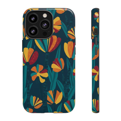 Floral Retro Teal Tough Phone Case — Vibrant Orange & Mustard Blooms