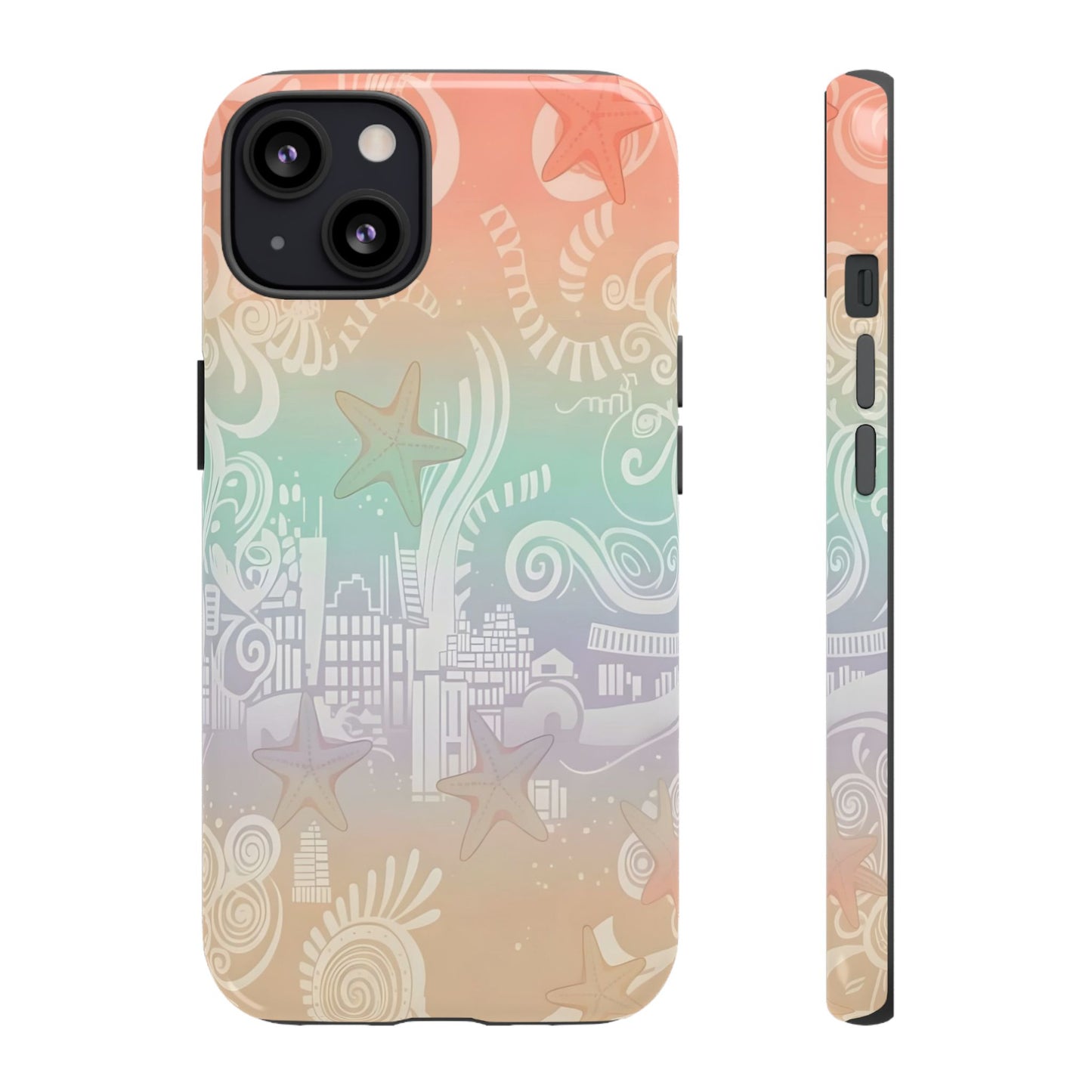 Tough Cases: Pastel Beach Pattern Phone Case — Starfish & Coastal Cityscape Protective Cover