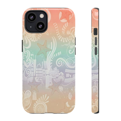 Tough Cases: Pastel Beach Pattern Phone Case — Starfish & Coastal Cityscape Protective Cover