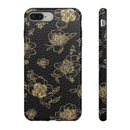 Floral Leather Phone Case — Gold Outline Flowers on Black Tough Case