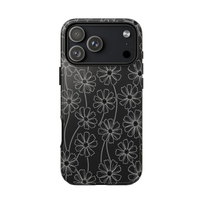 Floral Doodle Tough Phone Case — Black & Gray Daisy Pattern