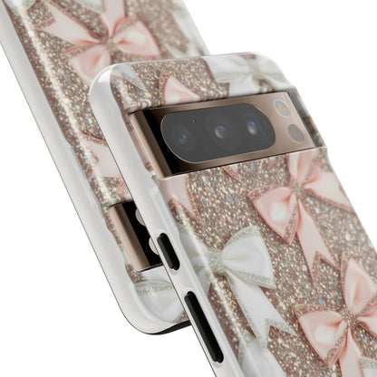 Glitter Bow Tough Phone Case — Pink & White Ribbon Protective Cover