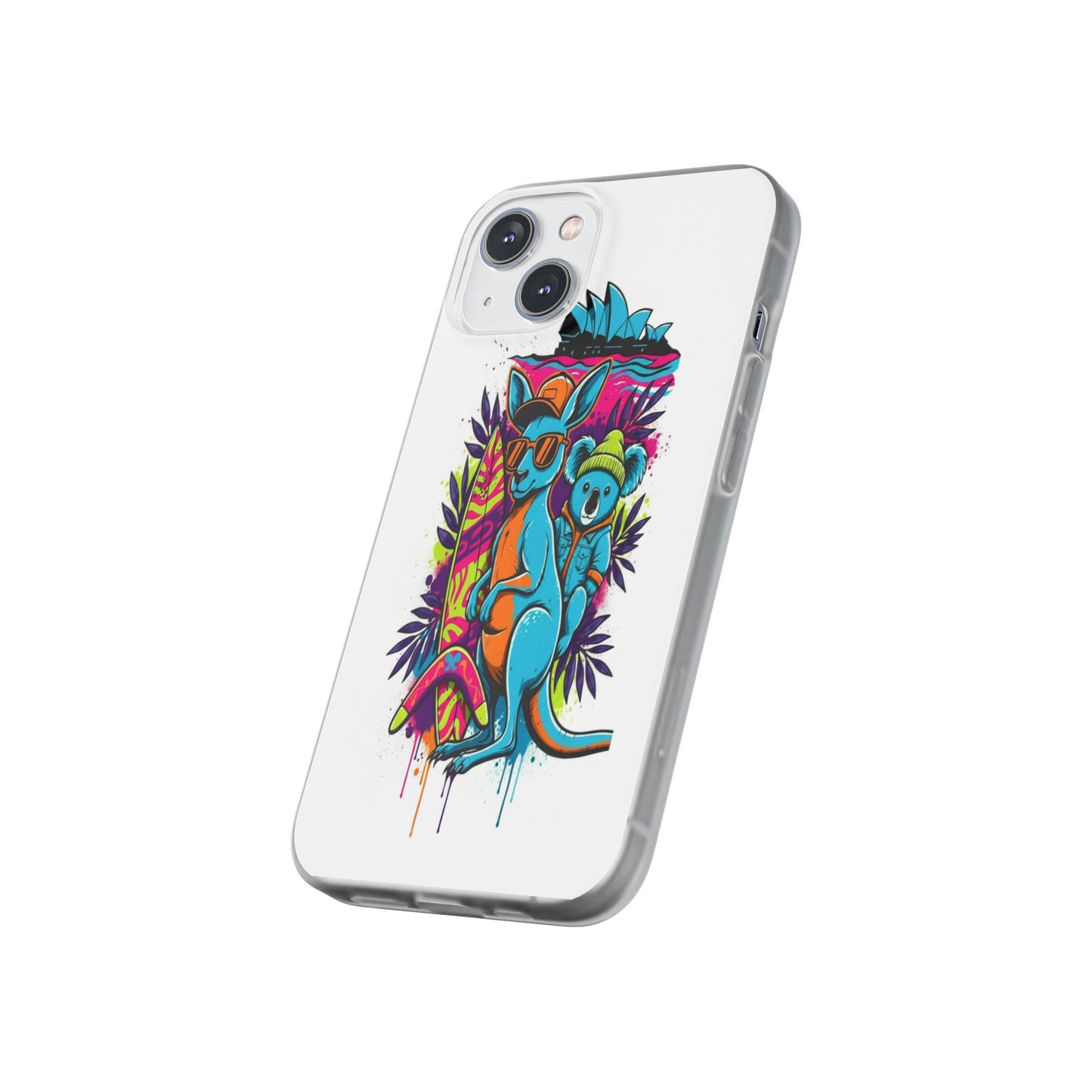 Kangaroo & Koala Surf Phone Case — Neon Aussie Beach Vibes Flexible Case