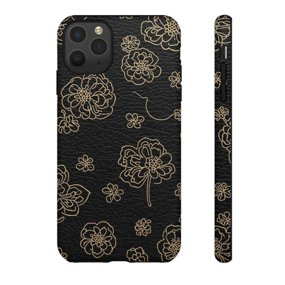 Floral Leather-Texture Tough Case – Black Gold Outline Phone Cover