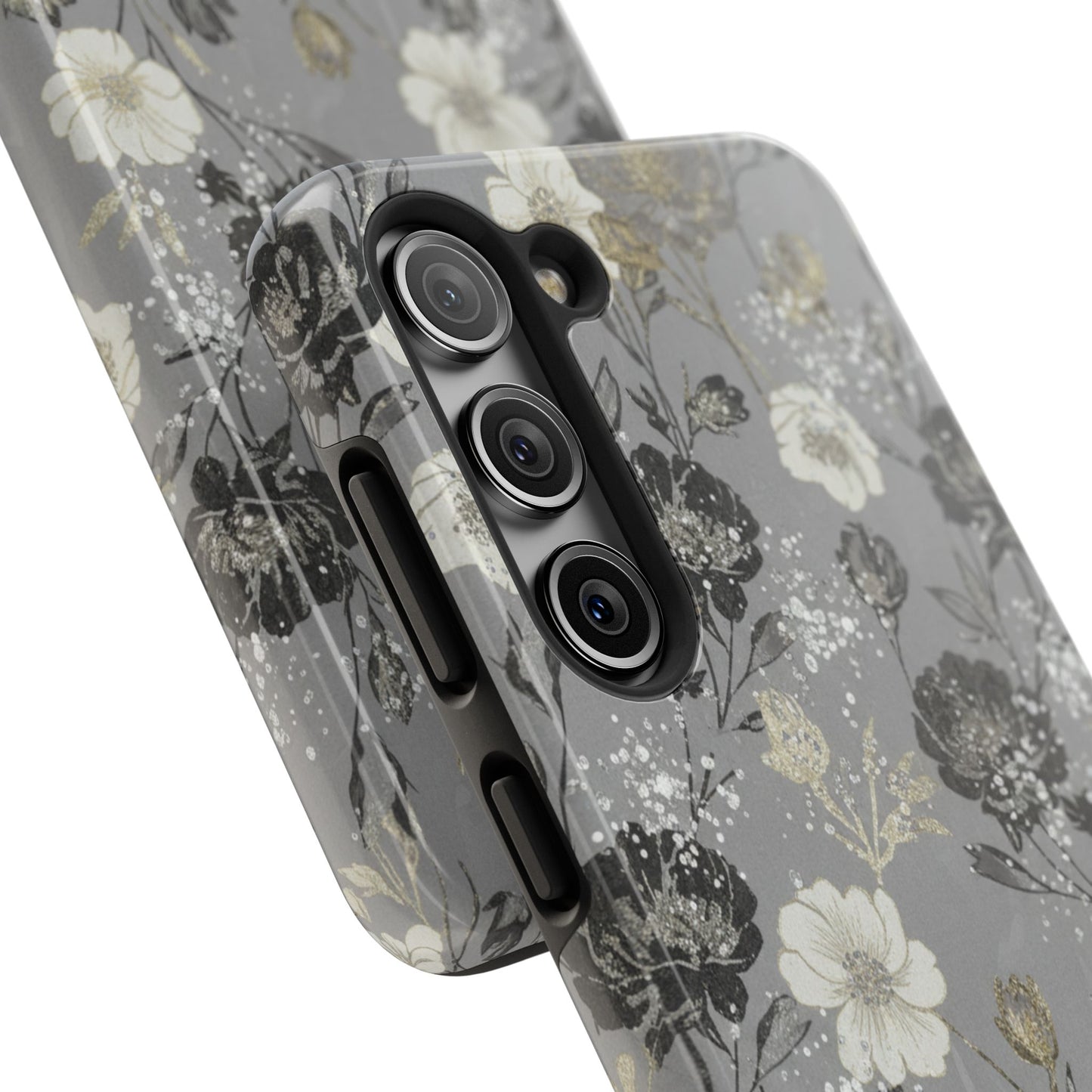 Floral Gray Tough Phone Case — Elegant Protective Phone Cover with Gold Accent