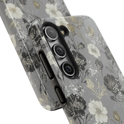 Floral Gray Tough Phone Case — Elegant Protective Phone Cover with Gold Accent