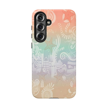Tough Cases: Pastel Beach Pattern Phone Case — Starfish & Coastal Cityscape Protective Cover
