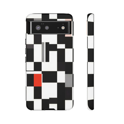 Abstract Geometric Phone Case – Black & White Checker Grid with Red Accent
