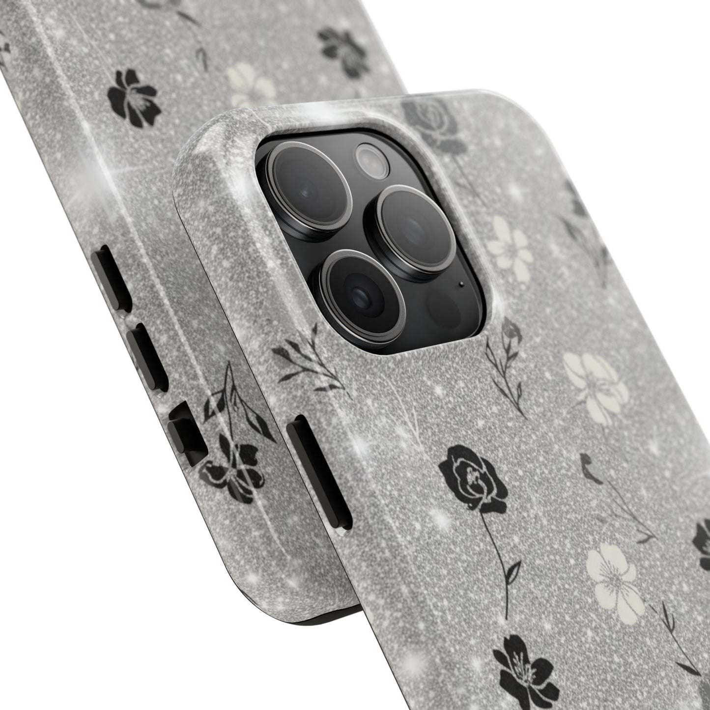Floral Glitter Tough Phone Case — Black & Silver Vintage Flower Protective Cover