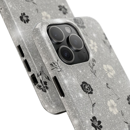 Floral Glitter Tough Phone Case — Black & Silver Vintage Flower Protective Cover