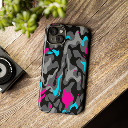 Camouflage Phone Case — Gray Camo with Neon Pink & Cyan Accent Tough Protective Cover
