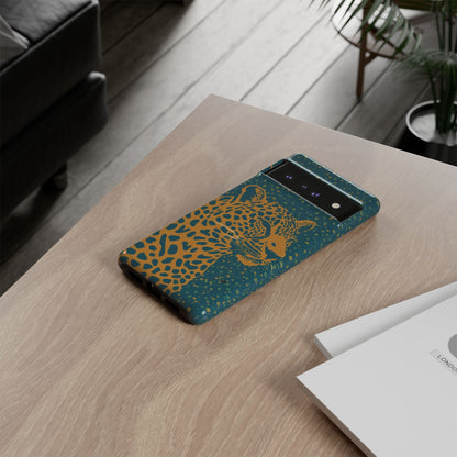Leopard Print Tough Phone Case — Gold Panther on Teal, Protective iPhone Cover