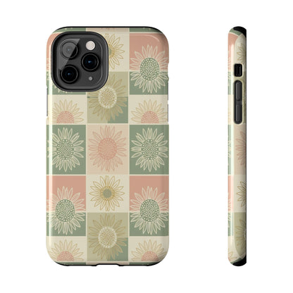 Sunflower Check iPhone Tough Phone Case — Retro Pastel Floral Protective Cover