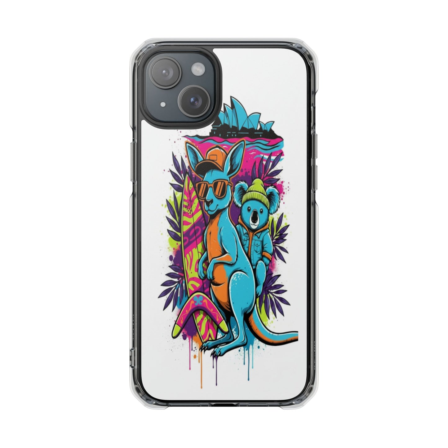 Clear Magnetic Phone Case — Colorful Surfing Kangaroo & Koala Art