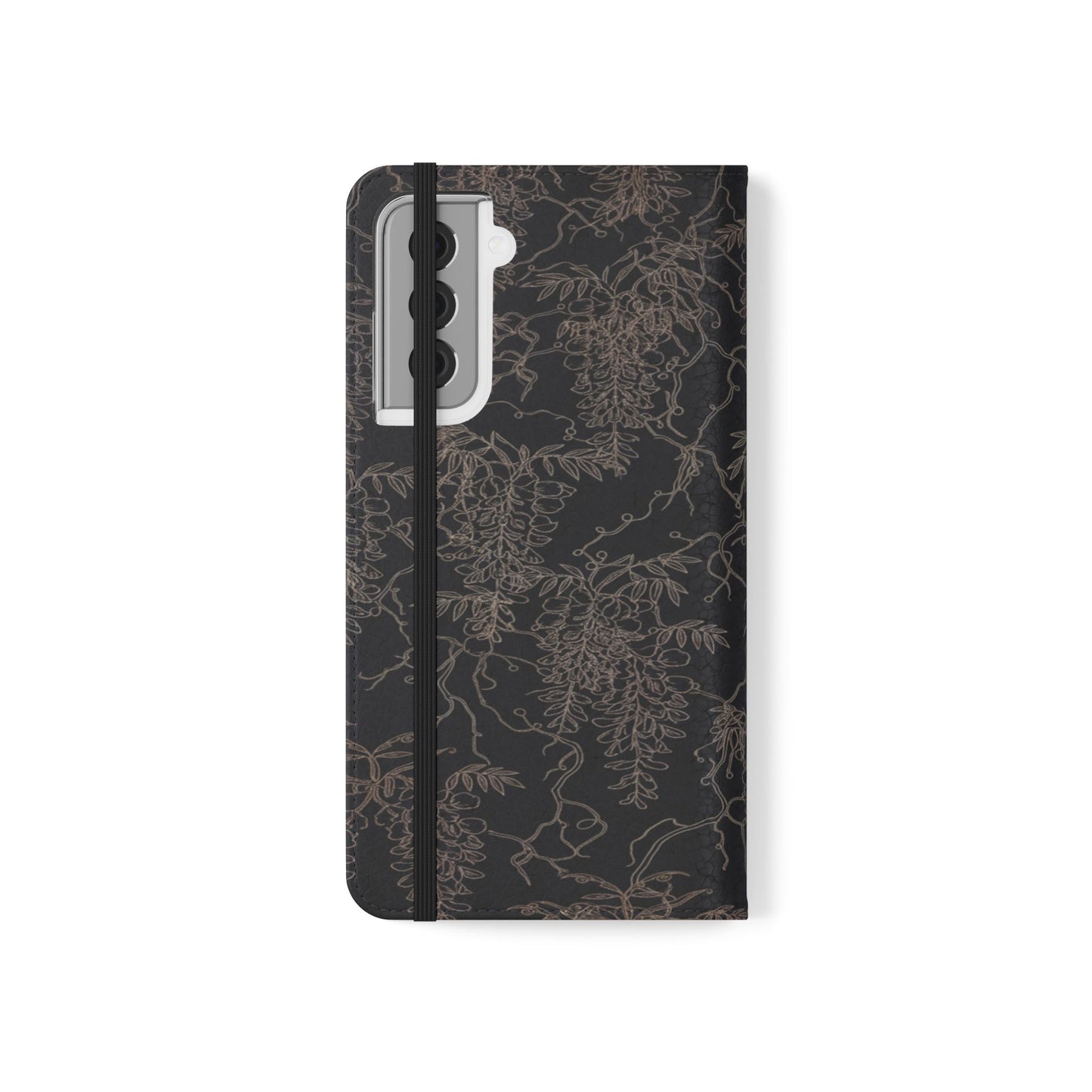 Botanical Noir Flip Phone Case — Dark Floral Wallet Cover with Card Slots
