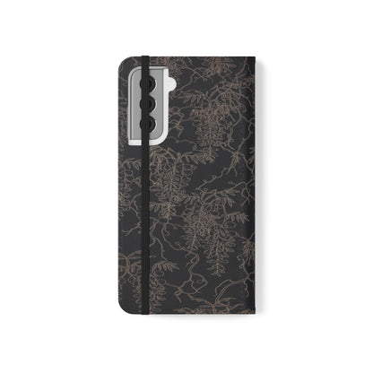 Botanical Noir Flip Phone Case — Dark Floral Wallet Cover with Card Slots