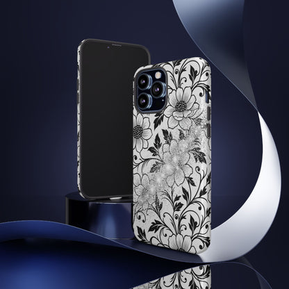 Floral Lace Phone Case — Black & White Vintage Flower Protective Case