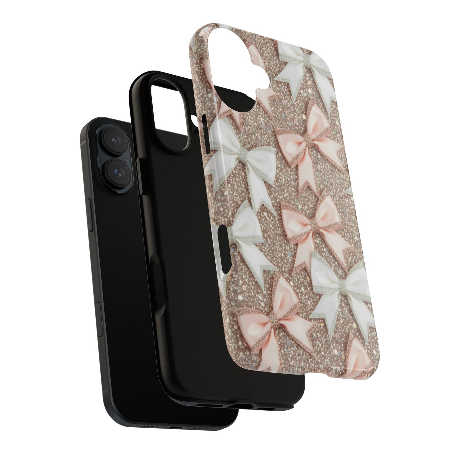 Glitter Bow Tough Phone Case — Pink & White Ribbon Protective Cover