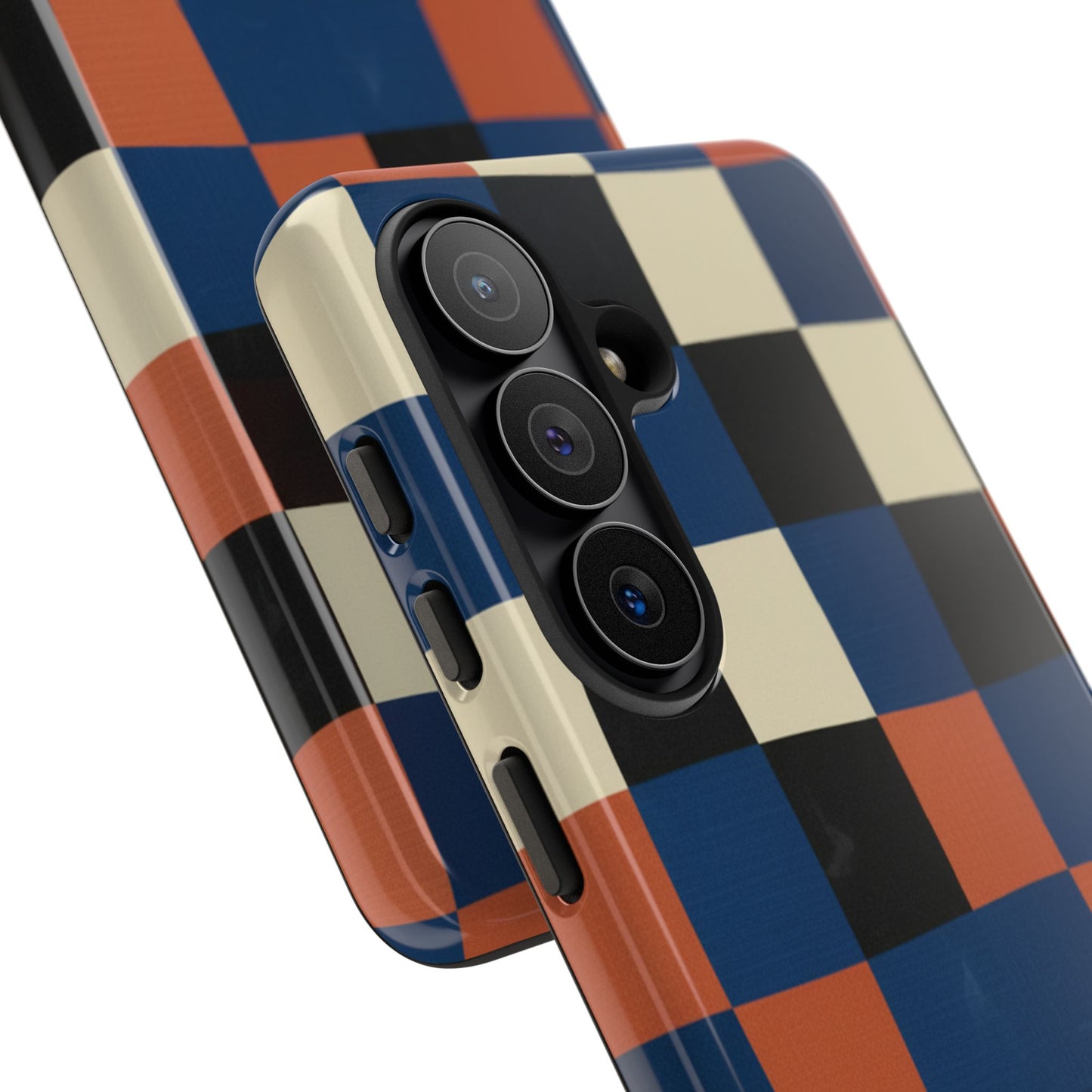 Retro Checker Phone Case — Blue, Orange & Cream Geometric Tough Case