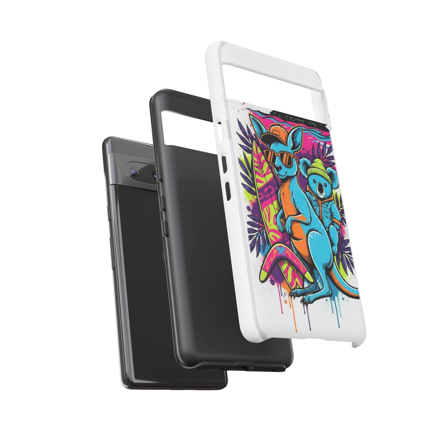 Kangaroo & Koala Surf Phone Case — Retro Neon Beach Art Tough Case