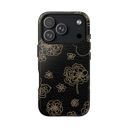 Floral Leather-Texture Tough Case – Black Gold Outline Phone Cover