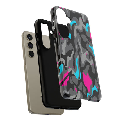 Camouflage Phone Case — Gray Camo with Neon Pink & Cyan Accent Tough Protective Cover