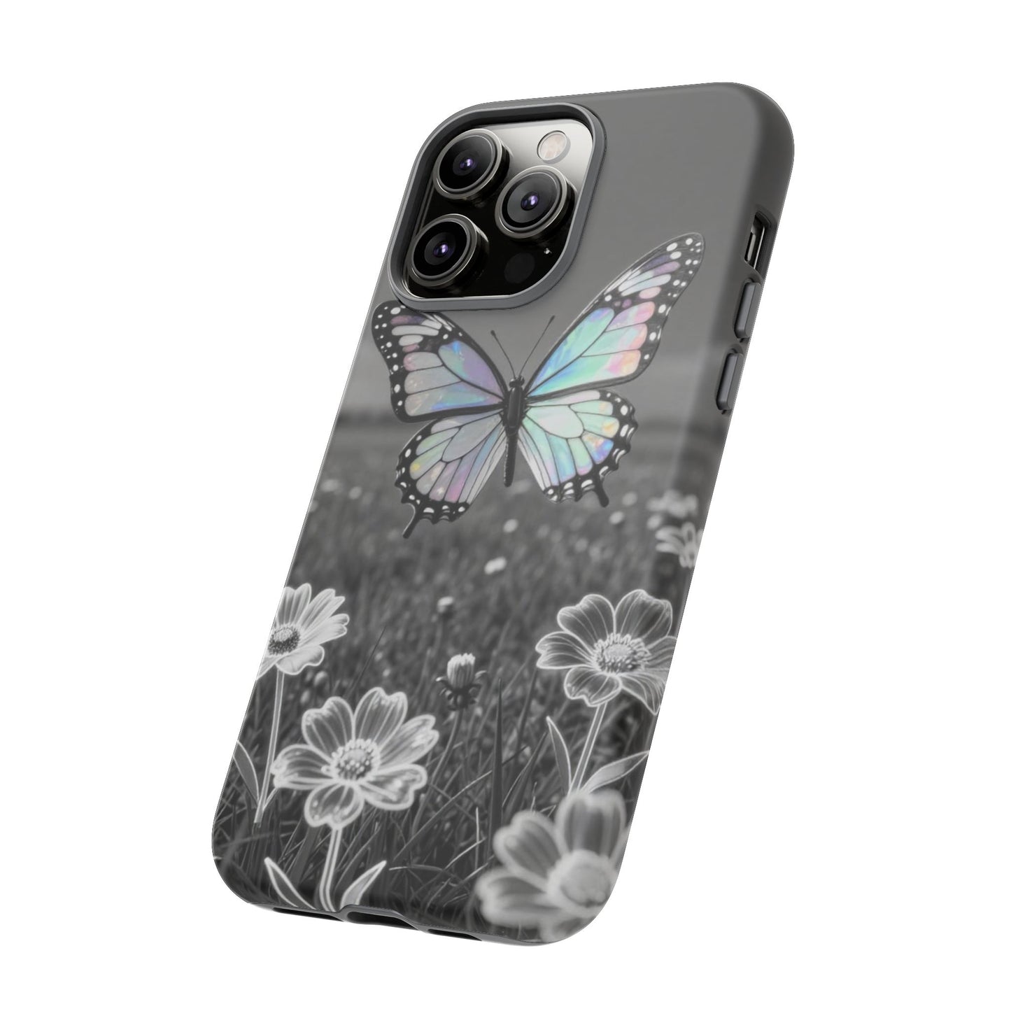 Butterfly Field Tough Phone Case — Pastel Holographic Butterfly on Black & White Floral Background