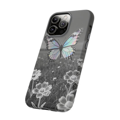 Butterfly Field Tough Phone Case — Pastel Holographic Butterfly on Black & White Floral Background
