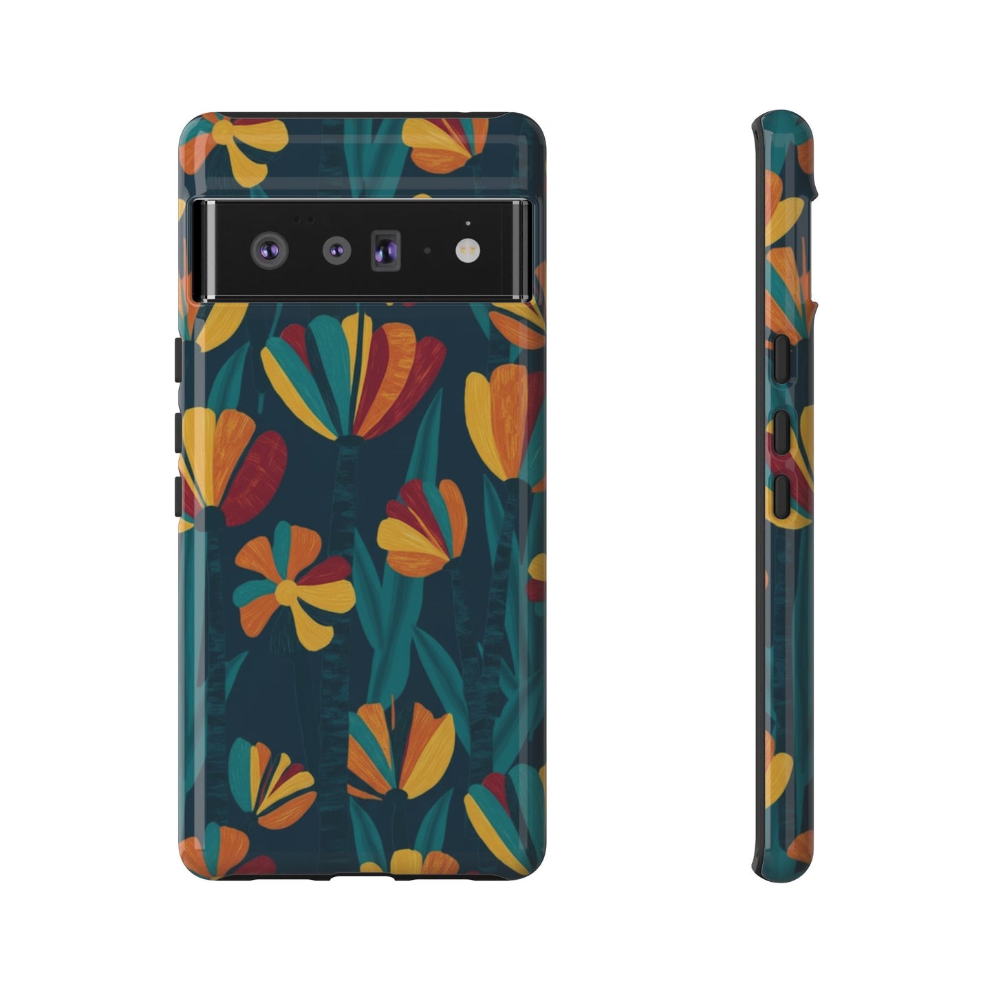 Floral Retro Teal Tough Phone Case — Vibrant Orange & Mustard Blooms
