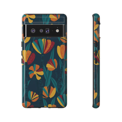 Floral Retro Teal Tough Phone Case — Vibrant Orange & Mustard Blooms