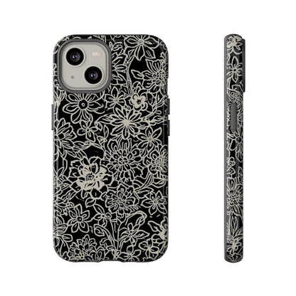 Floral Doodle Tough Phone Case — Black & White Sketch Flower Protective Cover