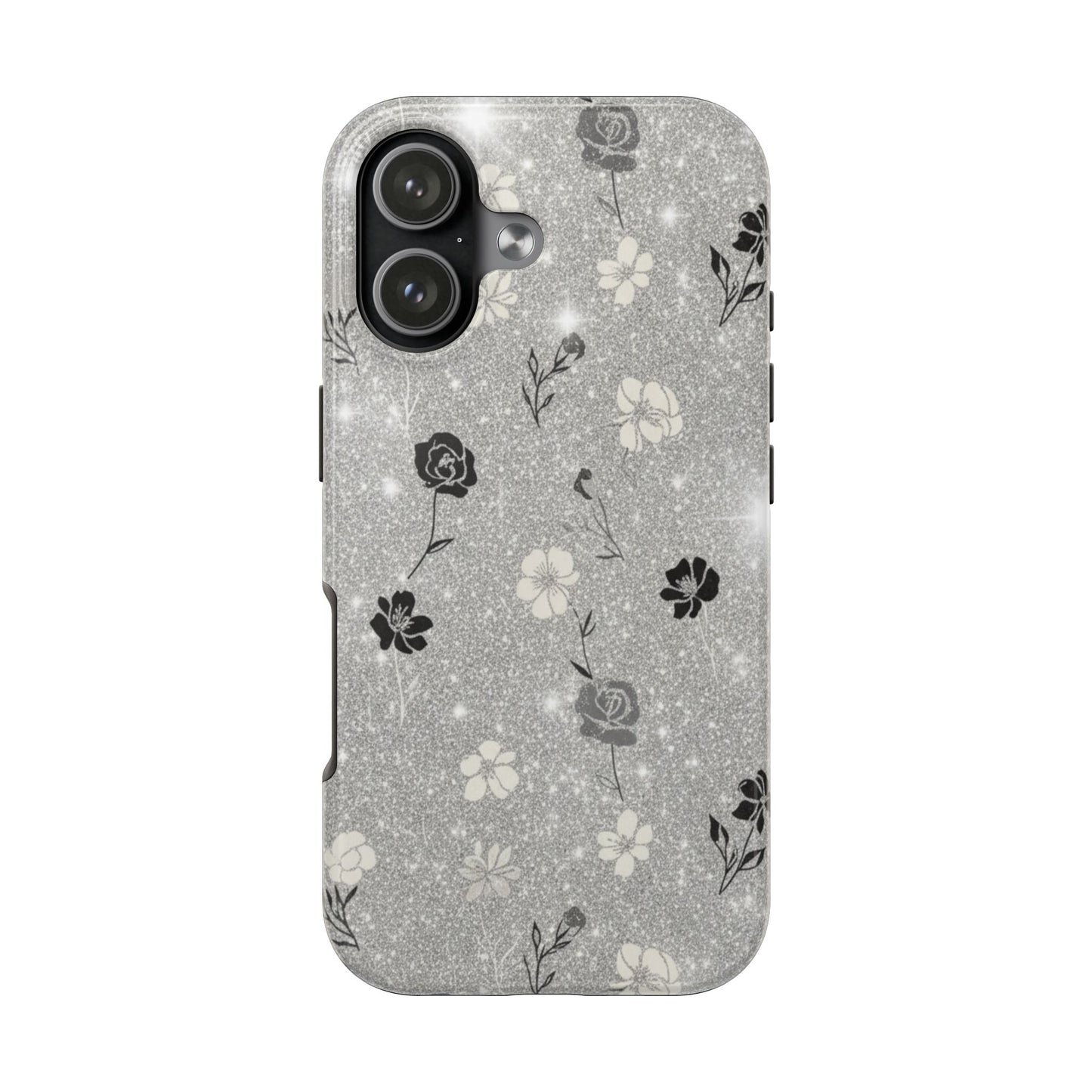 Floral Glitter Tough Phone Case — Black & Silver Vintage Flower Protective Cover