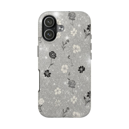 Floral Glitter Tough Phone Case — Black & Silver Vintage Flower Protective Cover
