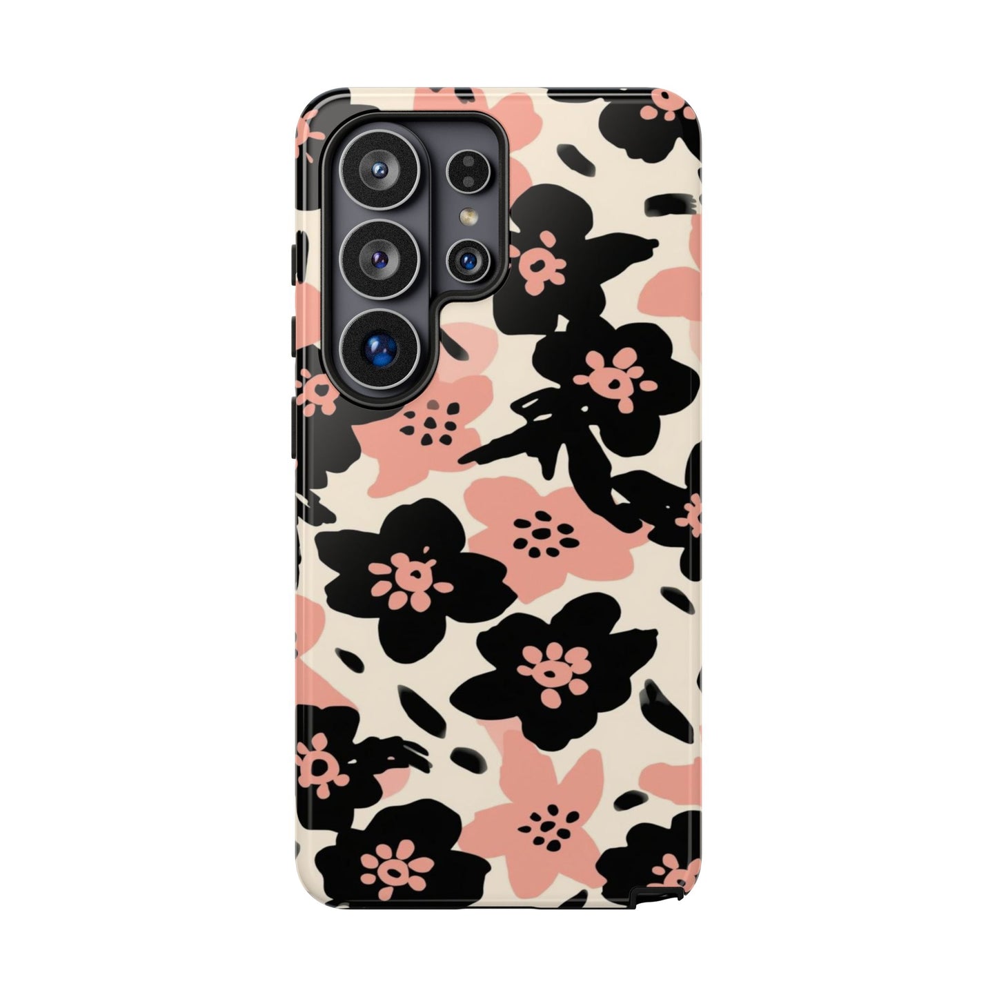 Floral Phone Case — Pink & Black Retro Blossom Protective Cover