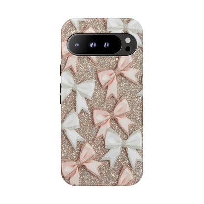 Glitter Bow Tough Phone Case — Pink & White Ribbon Protective Cover