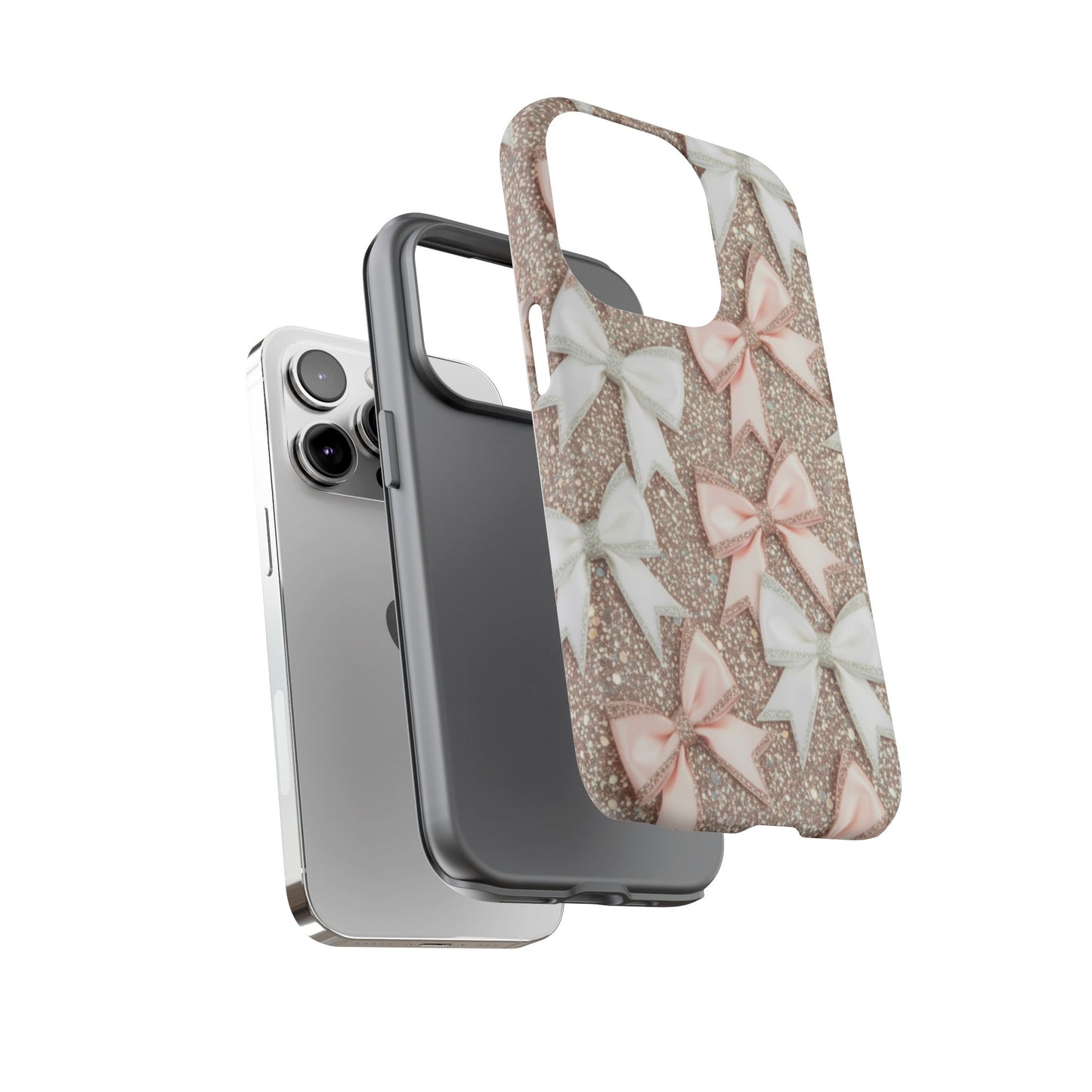 Glitter Bow Tough Phone Case — Pink & White Ribbon Protective Cover