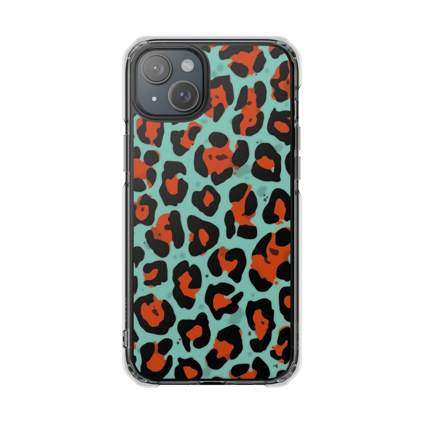 Clear Magnetic Phone Case — Teal & Rust Leopard Print